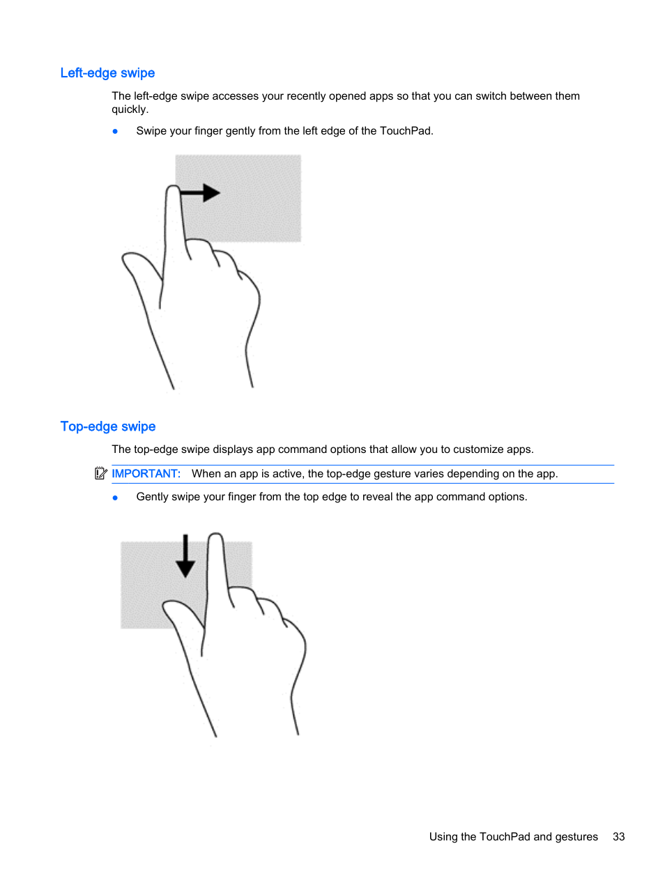 Left-edge swipe, Top-edge swipe, Left-edge swipe top-edge swipe | HP Pavilion 15-p020ca Notebook PC User Manual | Page 45 / 83