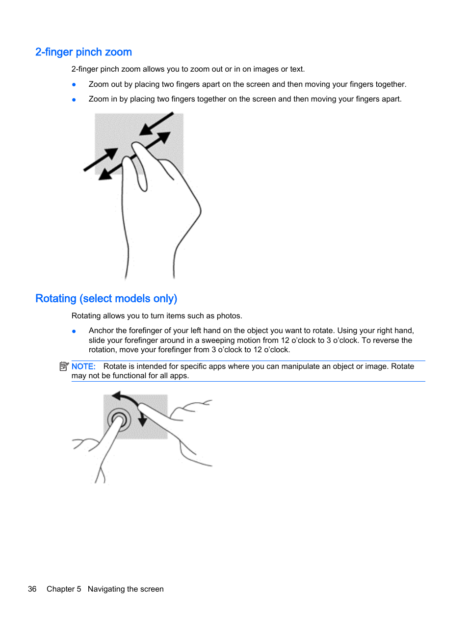Finger pinch zoom, Rotating (select models only), Finger pinch zoom rotating (select models only) | HP Pavilion 15-p020ca Notebook PC User Manual | Page 48 / 83