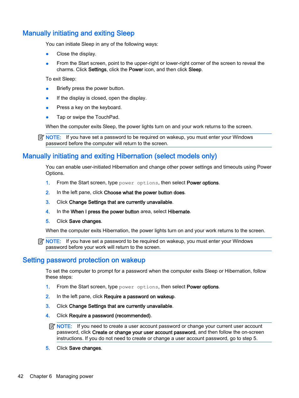 Manually initiating and exiting sleep, Setting password protection on wakeup, Manually | HP Pavilion 15-p020ca Notebook PC User Manual | Page 54 / 83