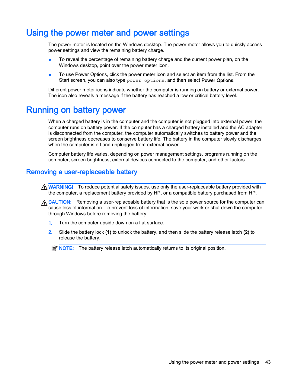 Using the power meter and power settings, Running on battery power, Removing a user-replaceable battery | HP Pavilion 15-p020ca Notebook PC User Manual | Page 55 / 83