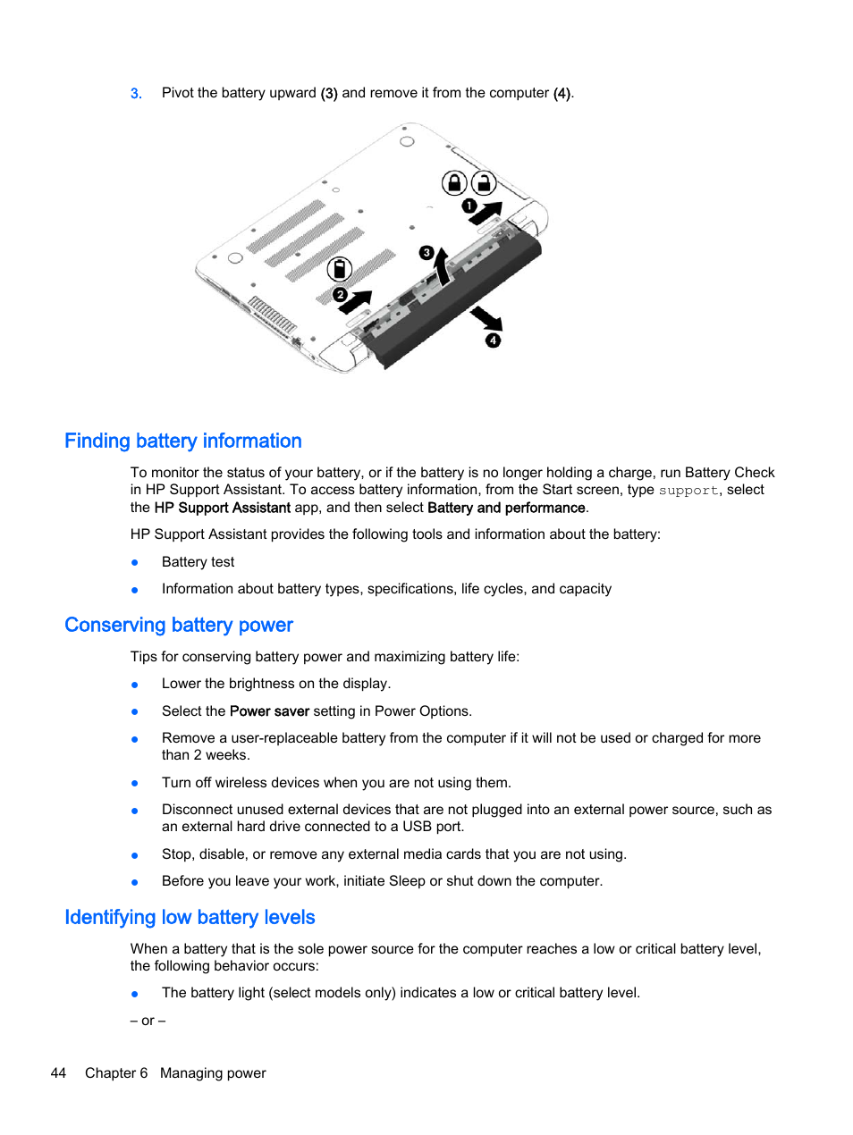 Finding battery information, Conserving battery power, Identifying low battery levels | HP Pavilion 15-p020ca Notebook PC User Manual | Page 56 / 83
