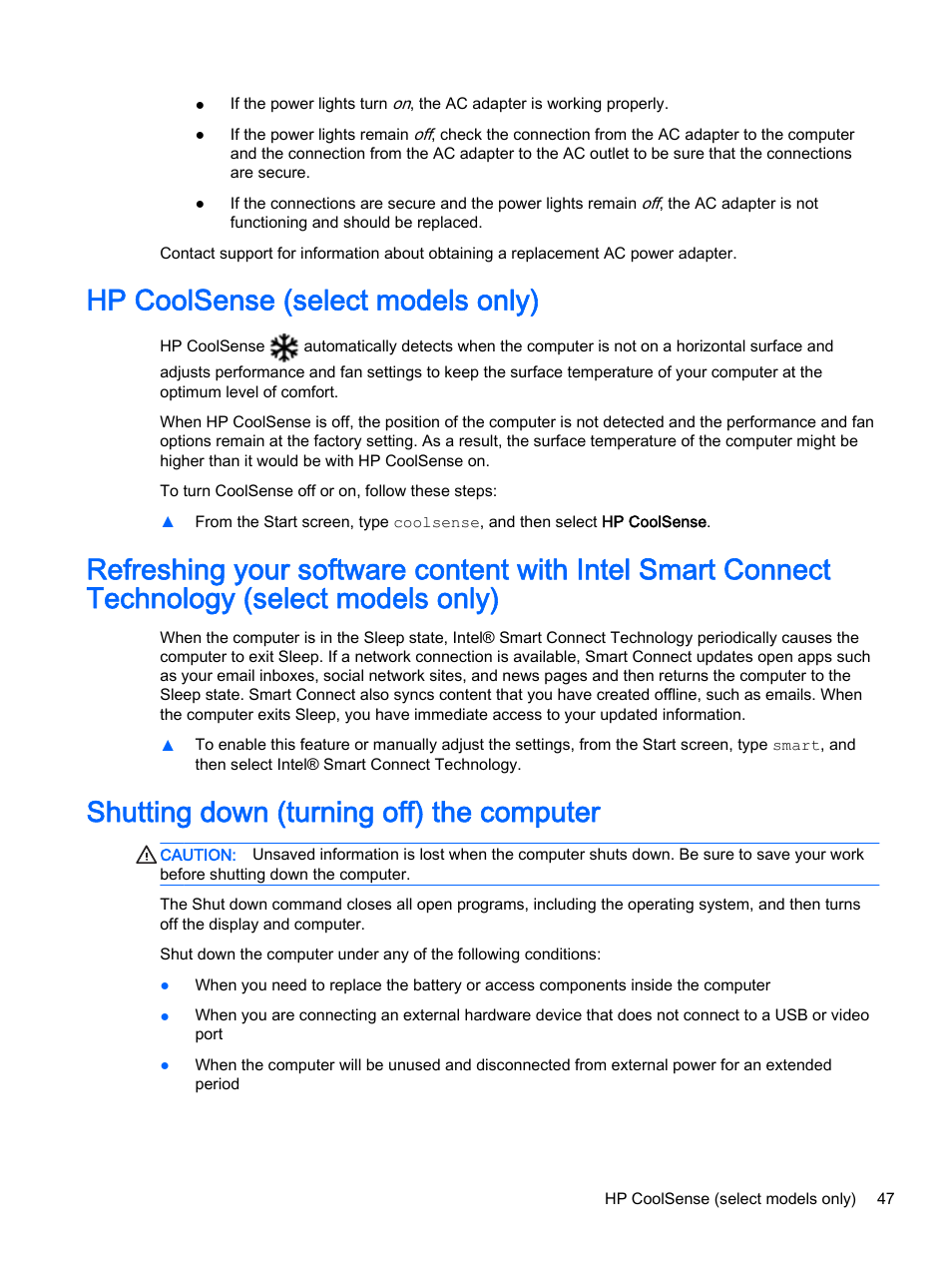 Hp coolsense (select models only), Shutting down (turning off) the computer | HP Pavilion 15-p020ca Notebook PC User Manual | Page 59 / 83