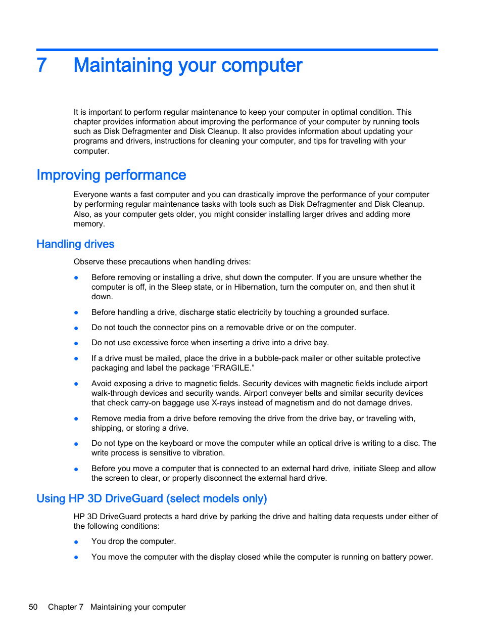 Maintaining your computer, Improving performance, Handling drives | Using hp 3d driveguard (select models only), 7 maintaining your computer, 7maintaining your computer | HP Pavilion 15-p020ca Notebook PC User Manual | Page 62 / 83