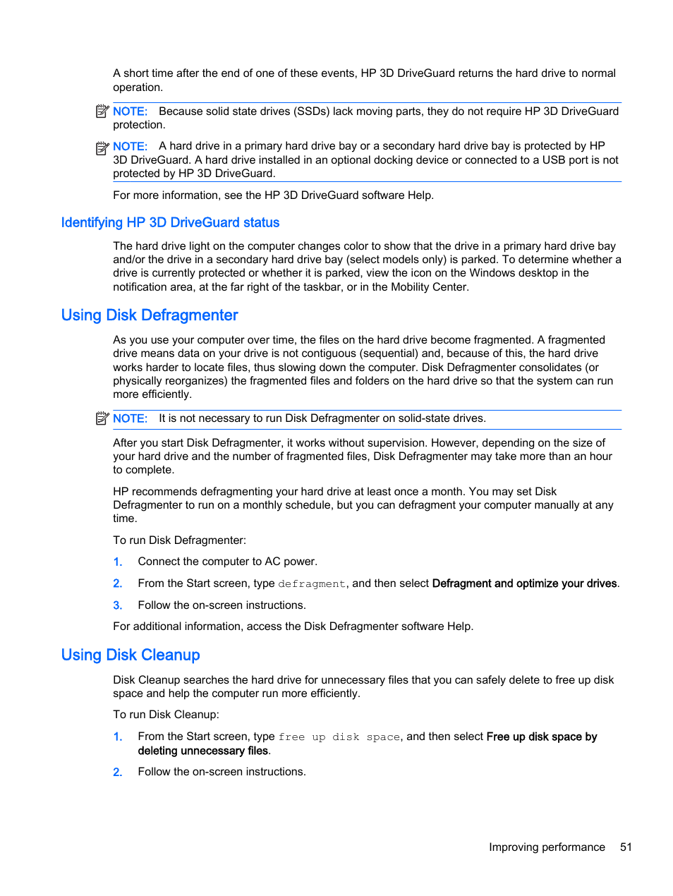 Identifying hp 3d driveguard status, Using disk defragmenter, Using disk cleanup | Using disk defragmenter using disk cleanup | HP Pavilion 15-p020ca Notebook PC User Manual | Page 63 / 83