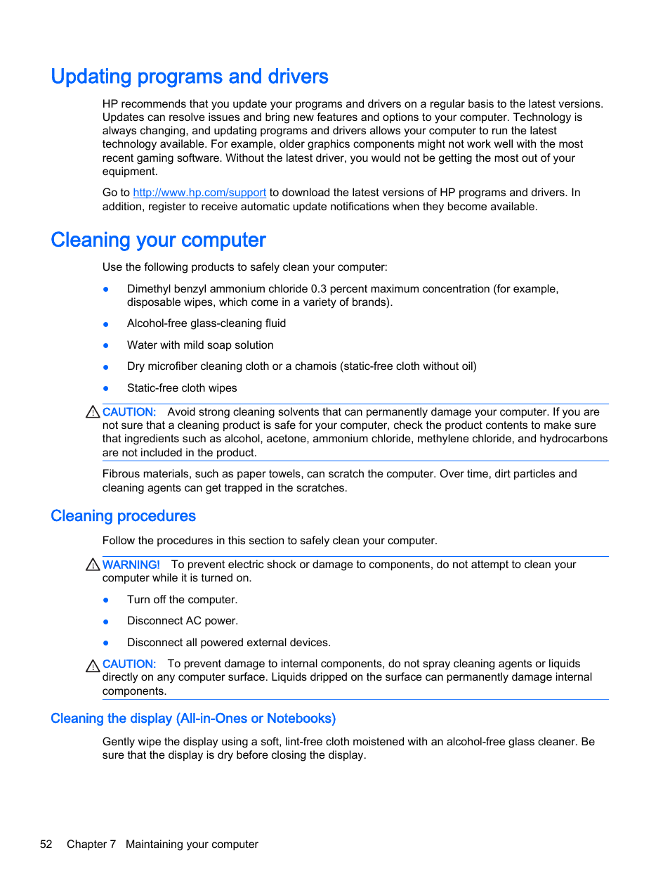 Updating programs and drivers, Cleaning your computer, Cleaning procedures | Cleaning the display (all-in-ones or notebooks) | HP Pavilion 15-p020ca Notebook PC User Manual | Page 64 / 83