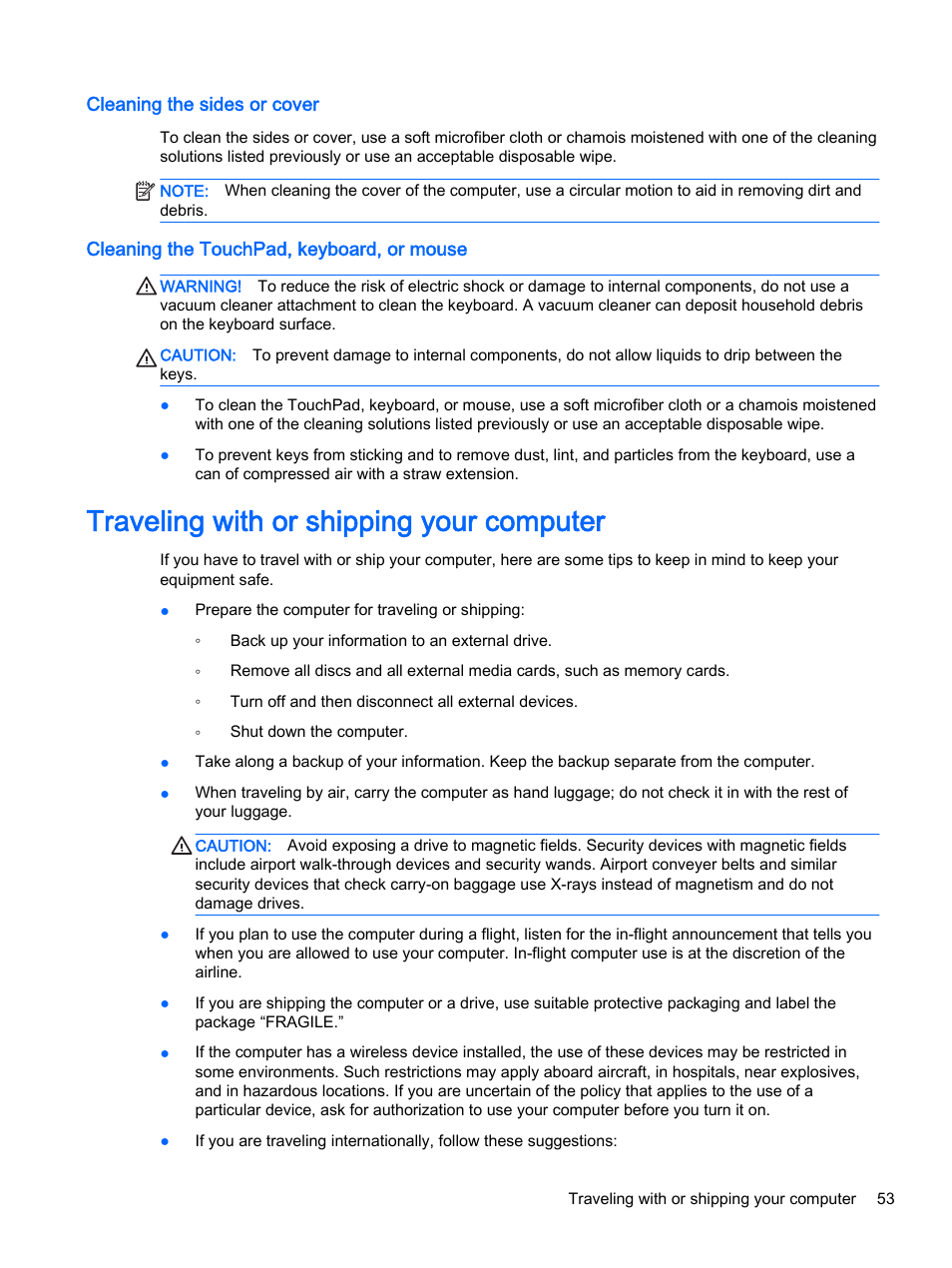 Cleaning the sides or cover, Cleaning the touchpad, keyboard, or mouse, Traveling with or shipping your computer | HP Pavilion 15-p020ca Notebook PC User Manual | Page 65 / 83