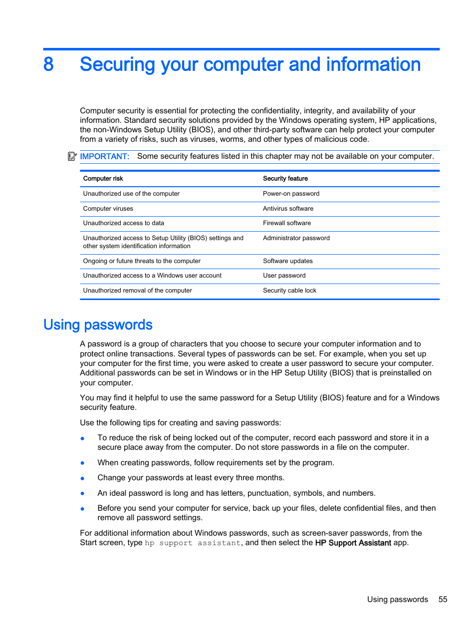 Securing your computer and information, Using passwords, 8 securing your computer and information | 8securing your computer and information | HP Pavilion 15-p020ca Notebook PC User Manual | Page 67 / 83