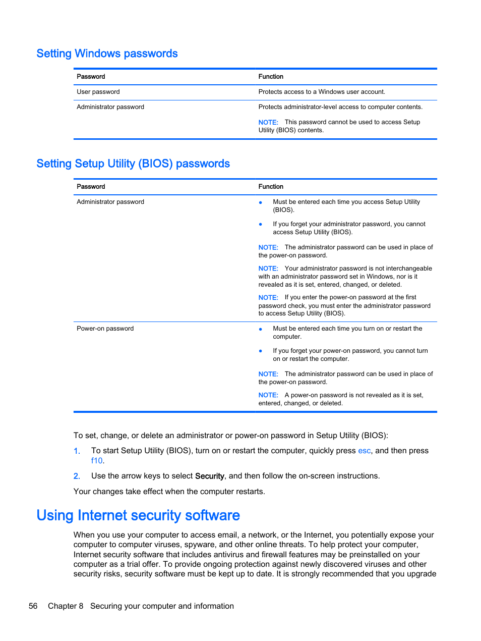 Setting windows passwords, Setting setup utility (bios) passwords, Using internet security software | HP Pavilion 15-p020ca Notebook PC User Manual | Page 68 / 83