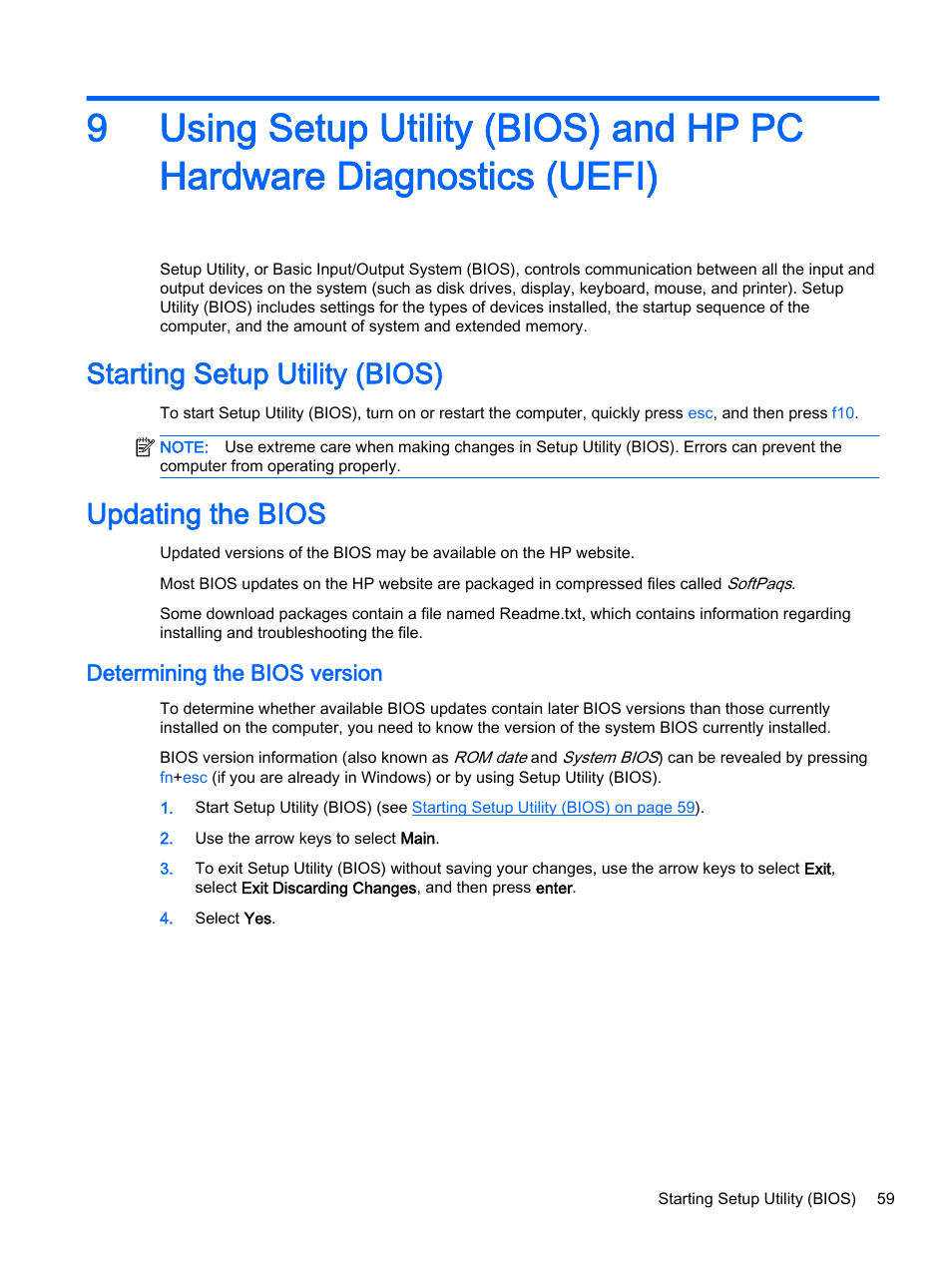 Starting setup utility (bios), Updating the bios, Determining the bios version | Starting setup utility (bios) updating the bios | HP Pavilion 15-p020ca Notebook PC User Manual | Page 71 / 83