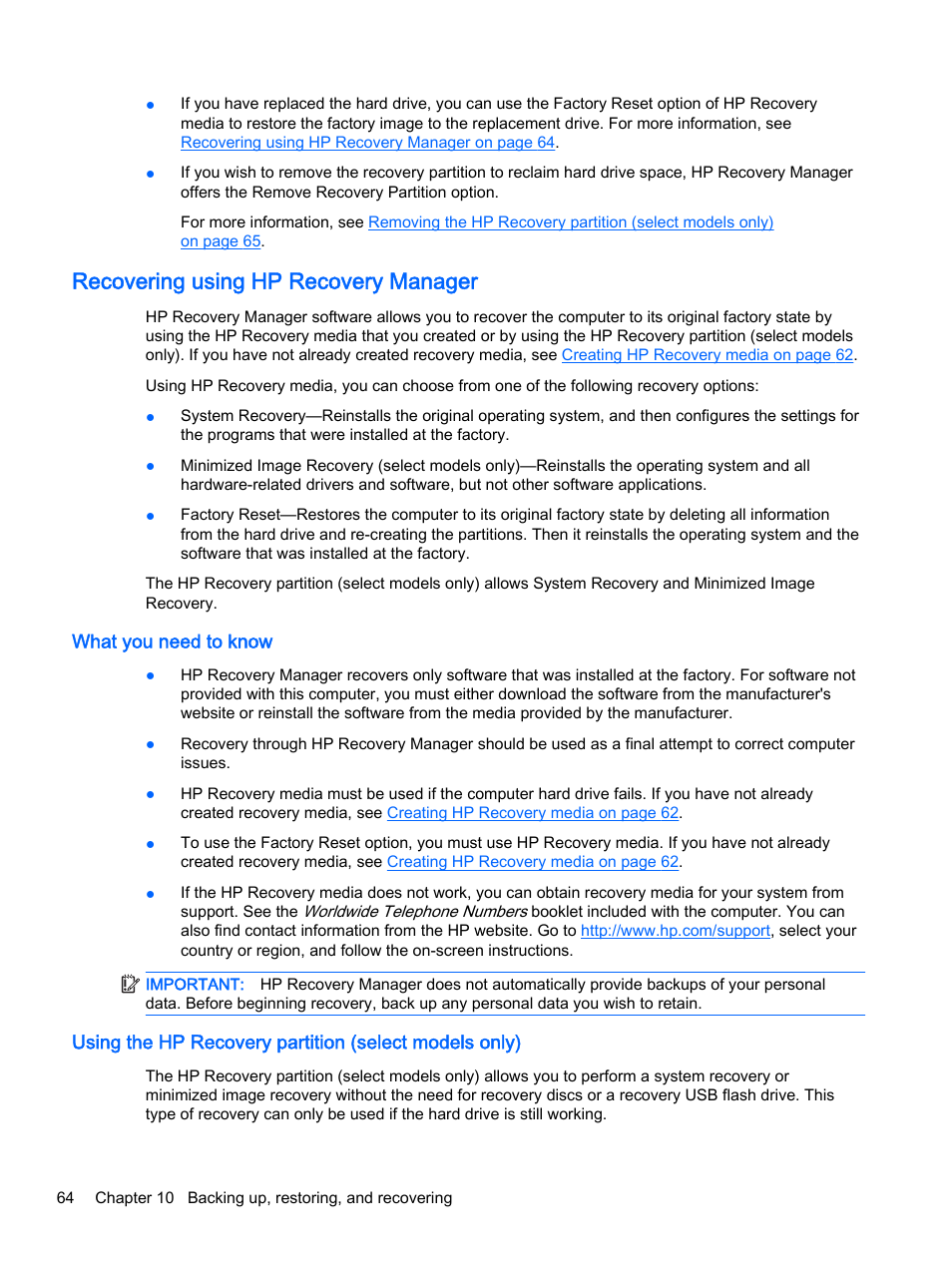 Recovering using hp recovery manager, What you need to know, Recovering using hp | HP Pavilion 15-p020ca Notebook PC User Manual | Page 76 / 83