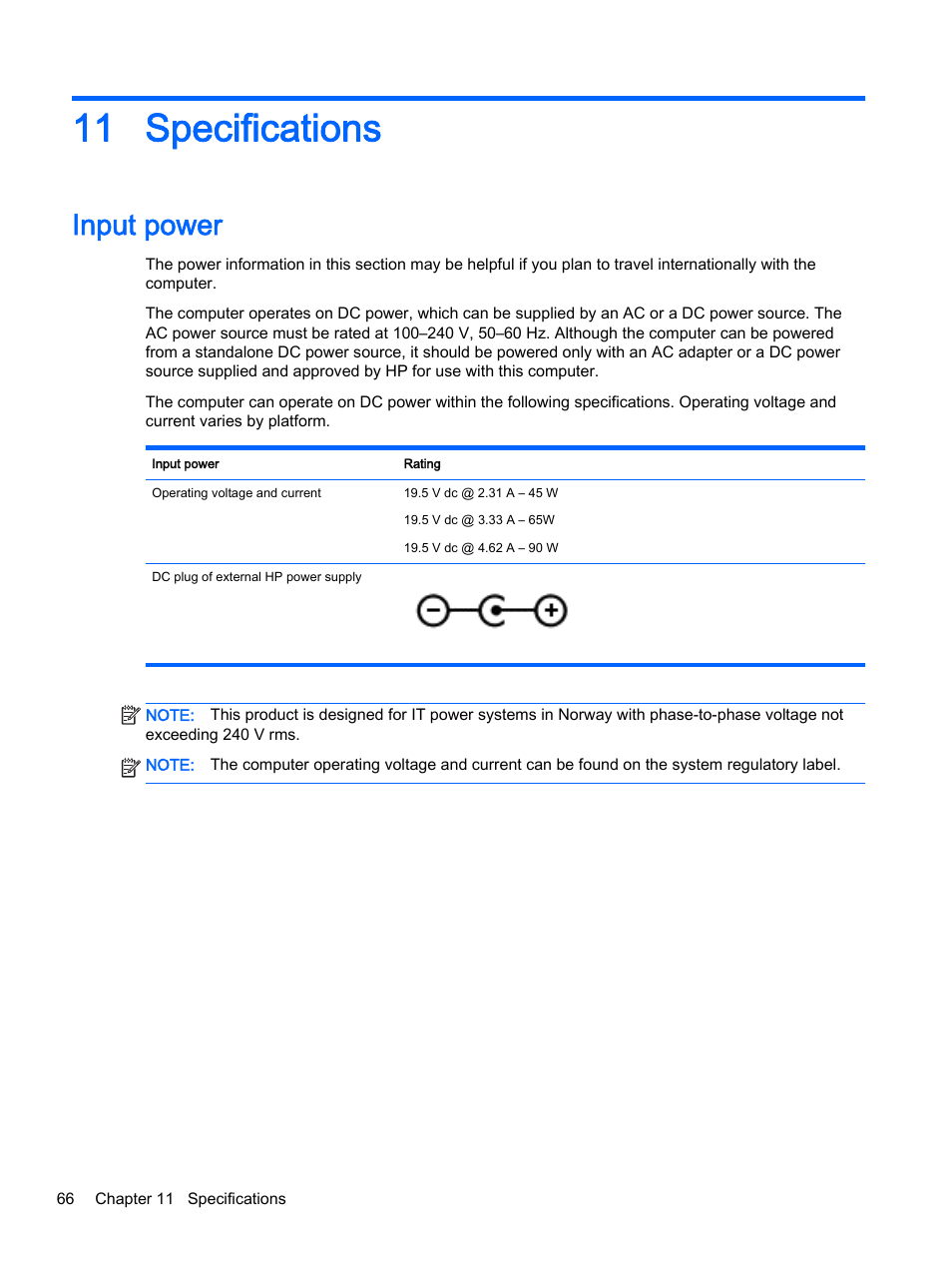 Specifications, Input power, 11 specifications | HP Pavilion 15-p020ca Notebook PC User Manual | Page 78 / 83