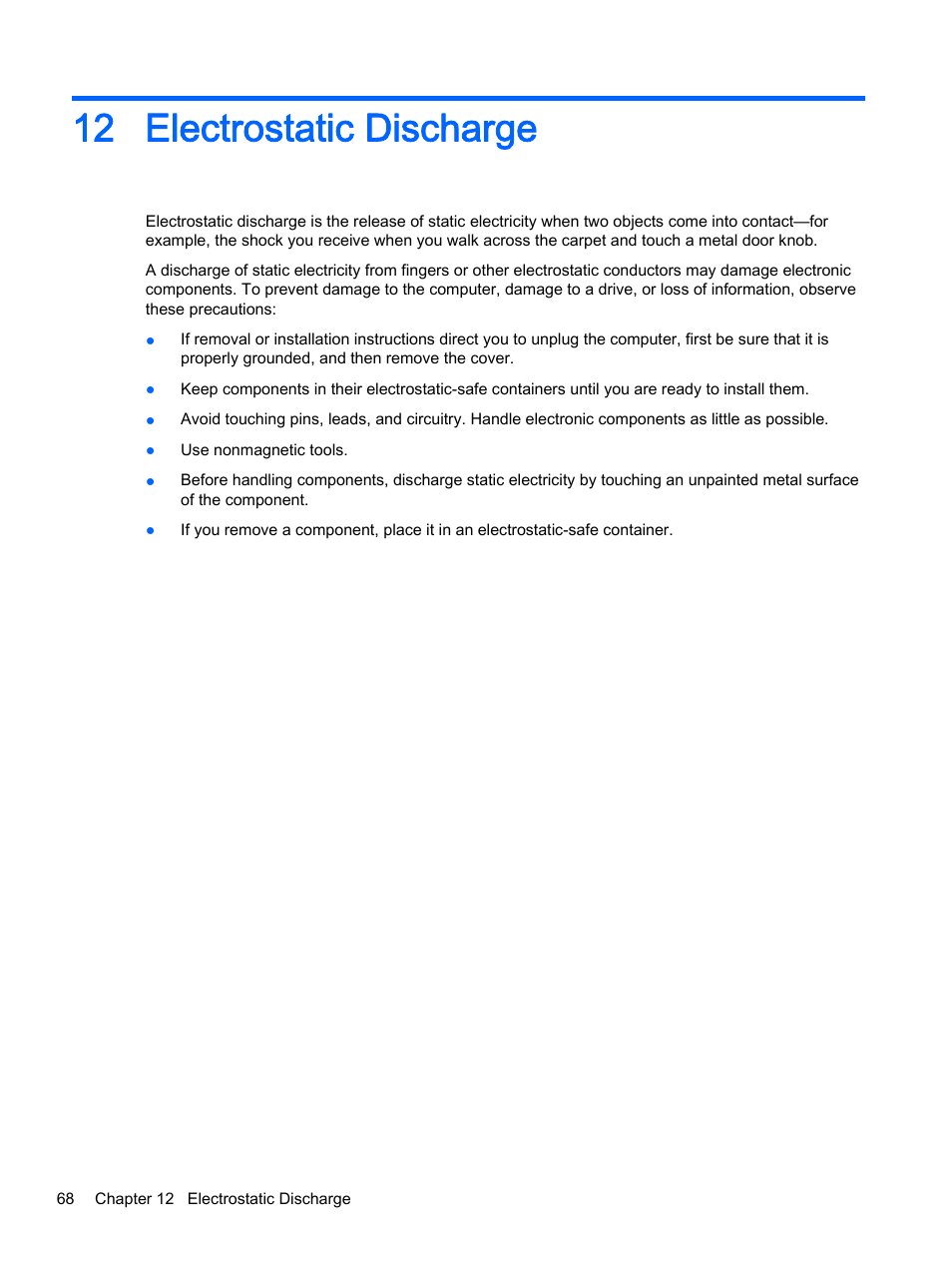 Electrostatic discharge, 12 electrostatic discharge | HP Pavilion 15-p020ca Notebook PC User Manual | Page 80 / 83