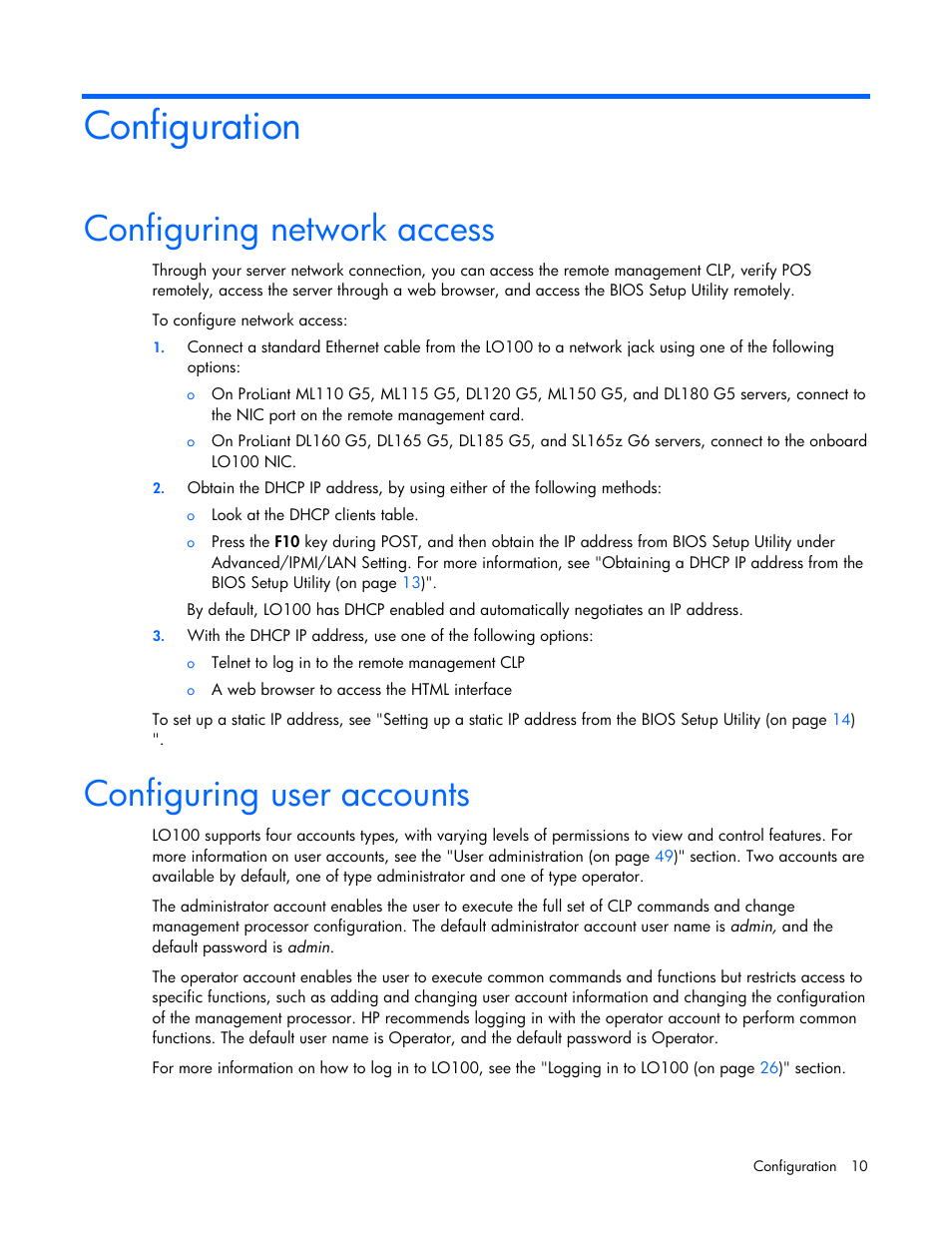 Configuration, Configuring network access, Configuring user accounts | HP ProLiant DL180 Server User Manual | Page 10 / 69