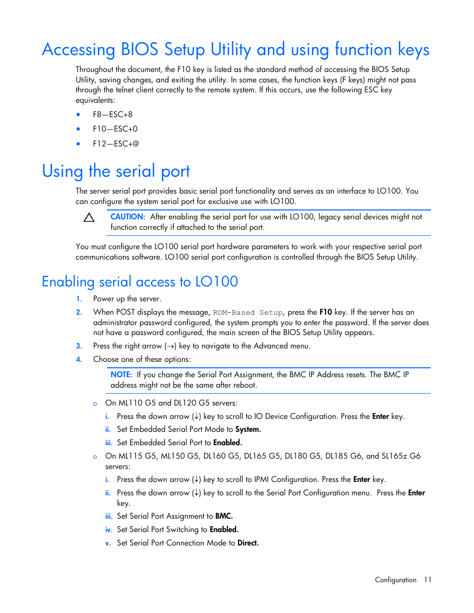 Using the serial port, Enabling serial access to lo100 | HP ProLiant DL180 Server User Manual | Page 11 / 69