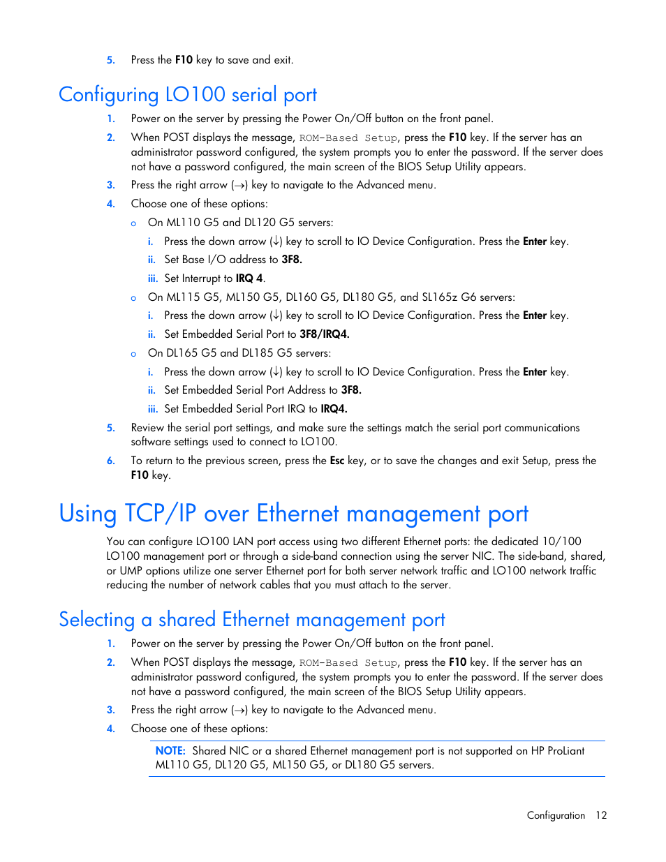 Configuring lo100 serial port, Using tcp/ip over ethernet management port, Selecting a shared ethernet management port | HP ProLiant DL180 Server User Manual | Page 12 / 69