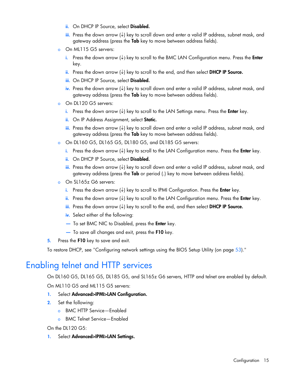 Enabling telnet and http services | HP ProLiant DL180 Server User Manual | Page 15 / 69