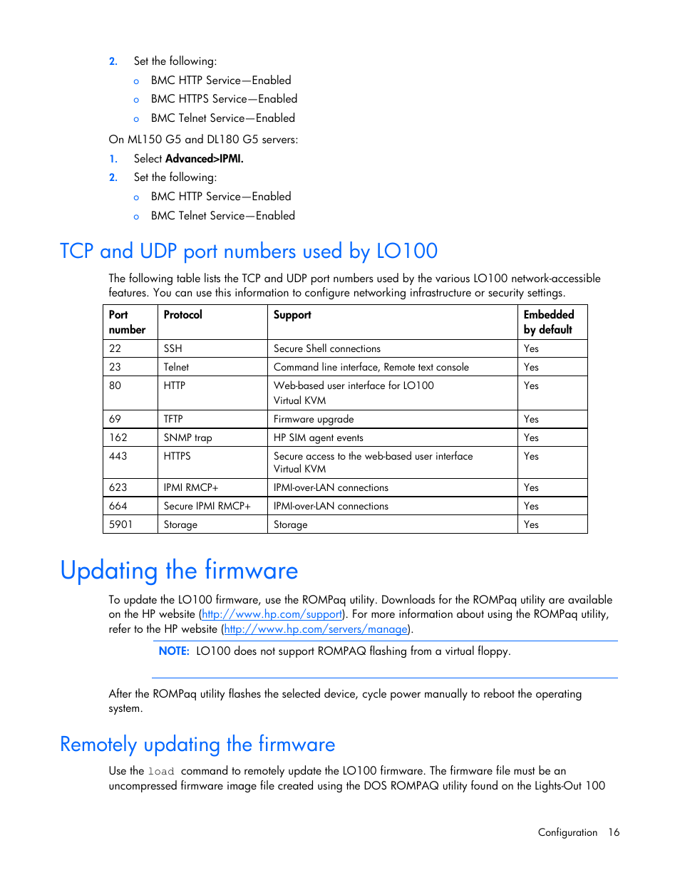 Tcp and udp port numbers used by lo100, Updating the firmware, Remotely updating the firmware | HP ProLiant DL180 Server User Manual | Page 16 / 69