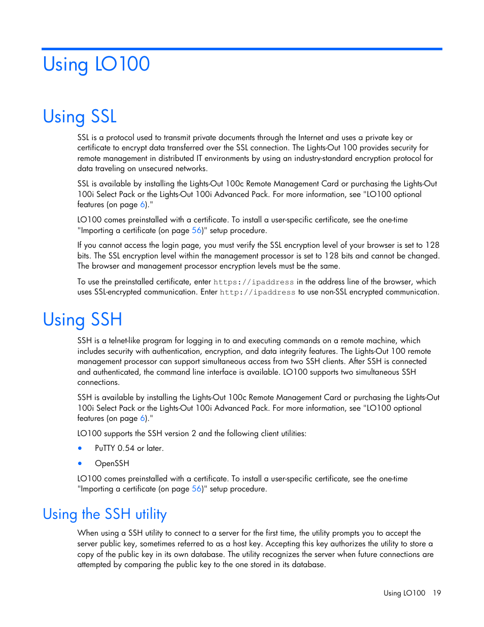 Using lo100, Using ssl, Using ssh | Using the ssh utility, Using ssl using ssh | HP ProLiant DL180 Server User Manual | Page 19 / 69