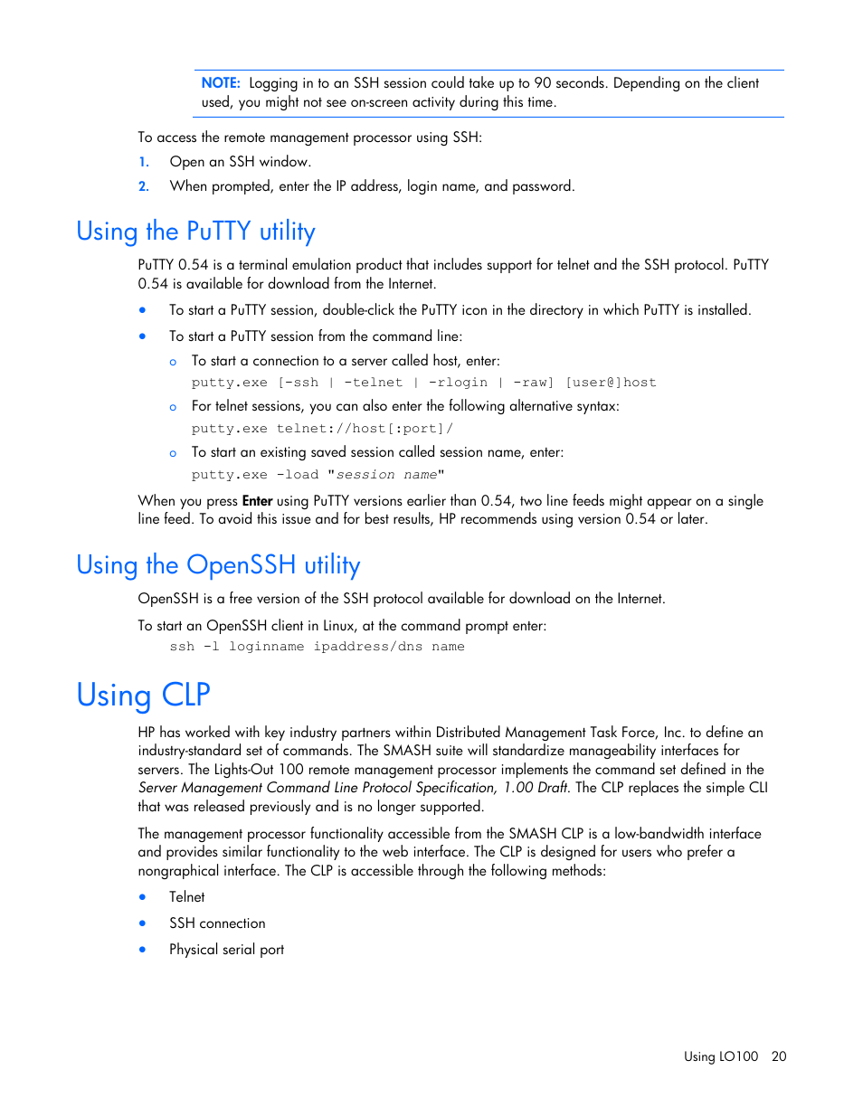 Using the putty utility, Using the openssh utility, Using clp | Using the putty utility using the openssh utility | HP ProLiant DL180 Server User Manual | Page 20 / 69