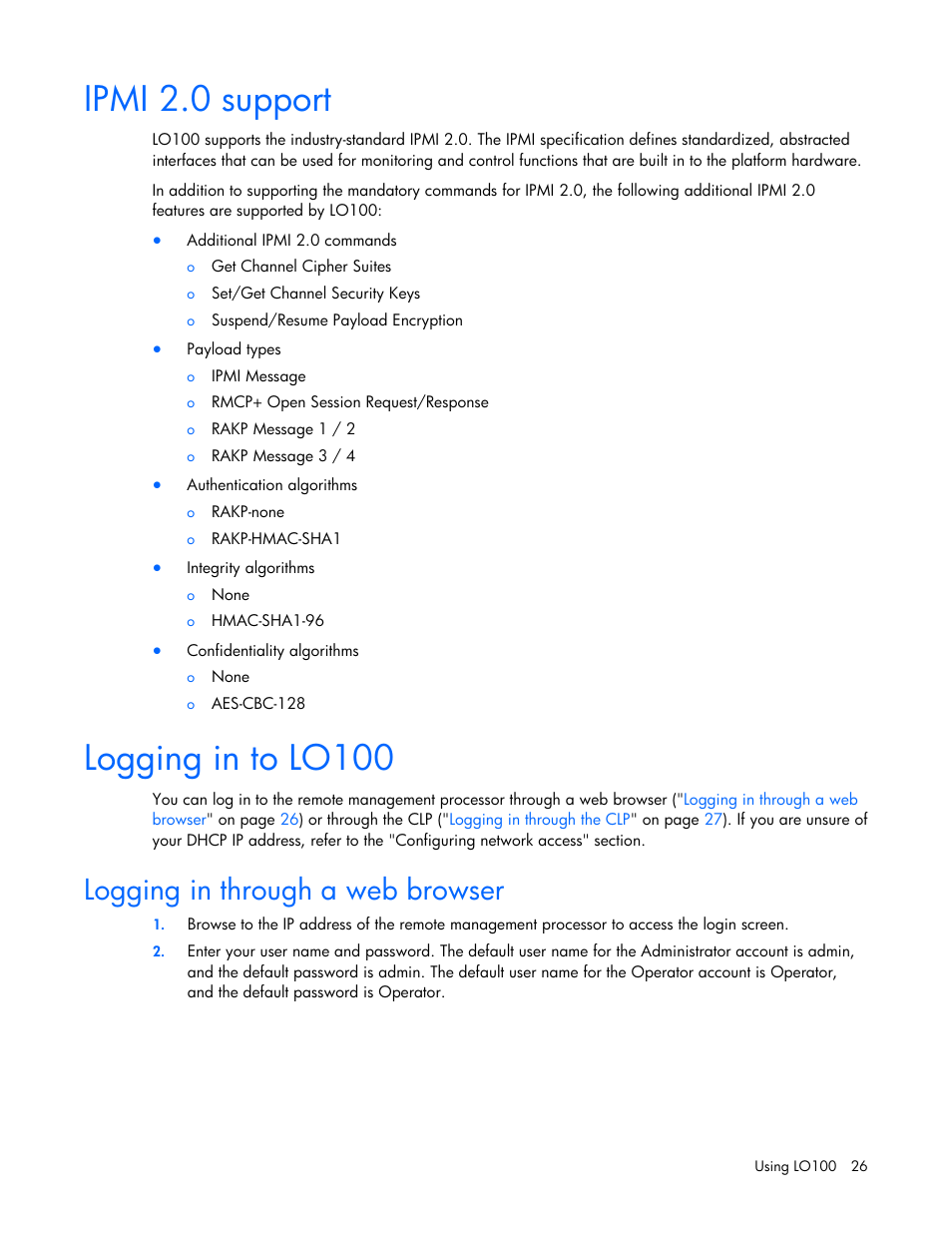 Ipmi 2.0 support, Logging in to lo100, Logging in through a web browser | Ipmi 2.0 support logging in to lo100 | HP ProLiant DL180 Server User Manual | Page 26 / 69