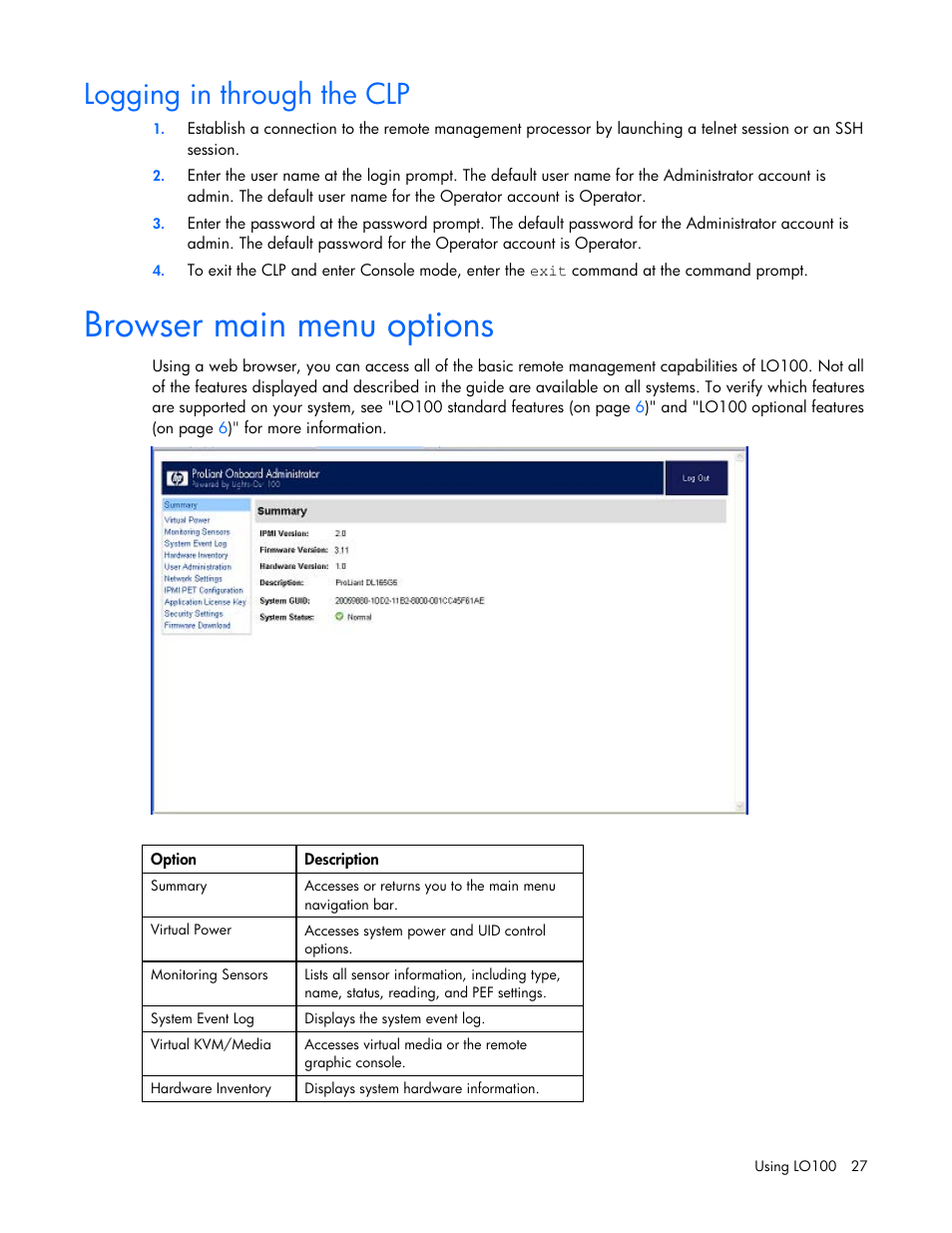 Logging in through the clp, Browser main menu options | HP ProLiant DL180 Server User Manual | Page 27 / 69