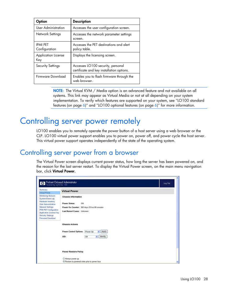 Controlling server power remotely, Controlling server power from a browser | HP ProLiant DL180 Server User Manual | Page 28 / 69