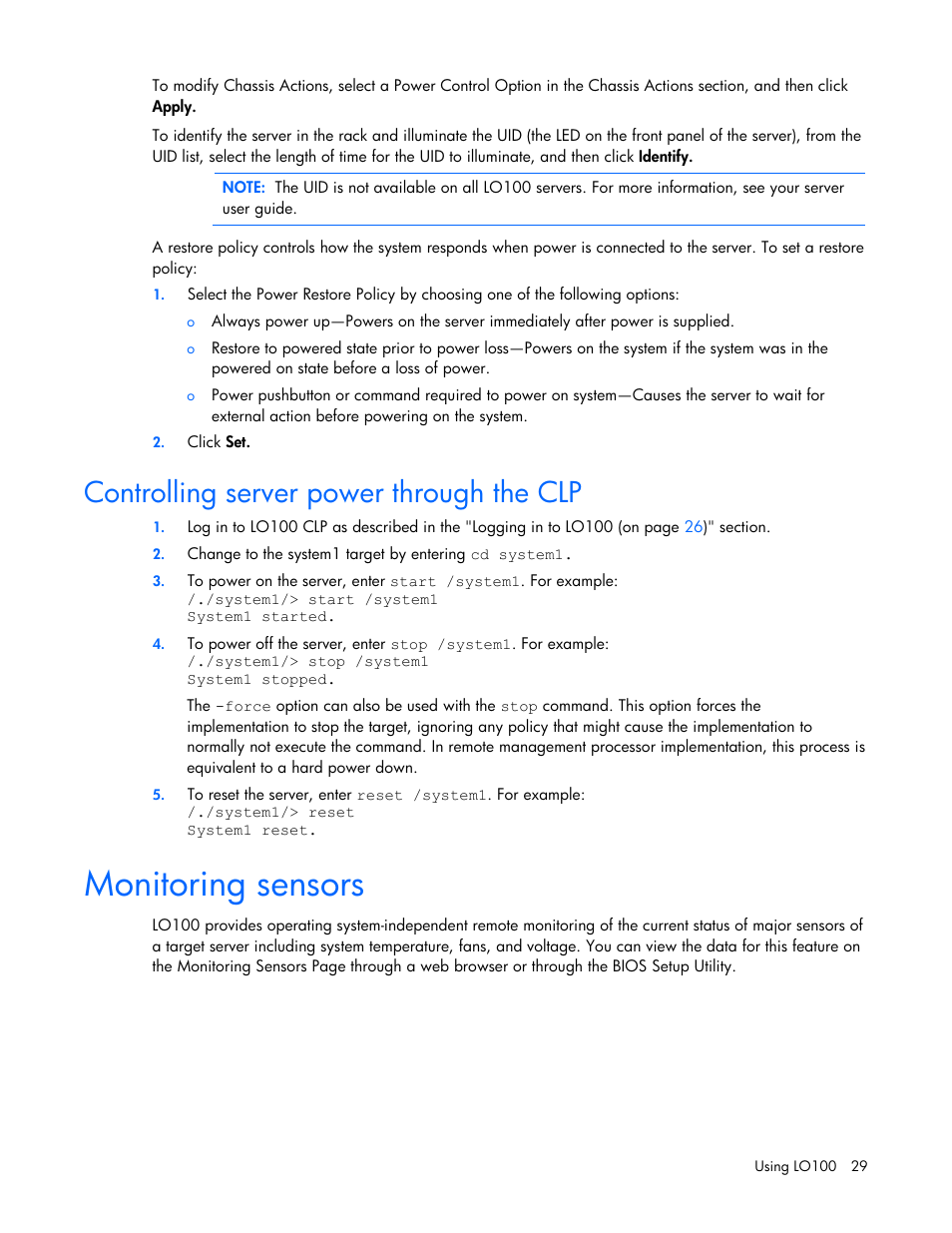 Controlling server power through the clp, Monitoring sensors | HP ProLiant DL180 Server User Manual | Page 29 / 69