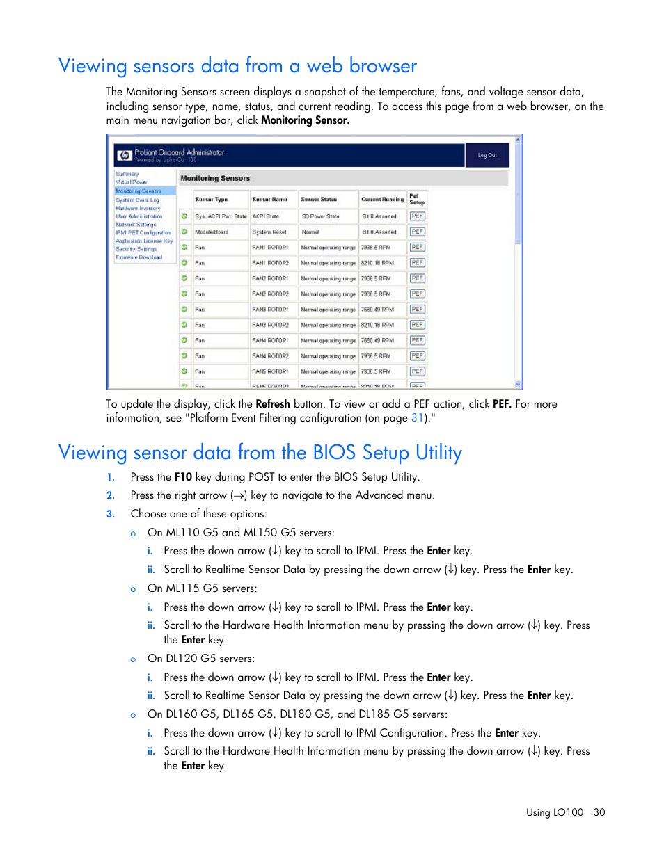 Viewing sensors data from a web browser, Viewing sensor data from the bios setup utility | HP ProLiant DL180 Server User Manual | Page 30 / 69