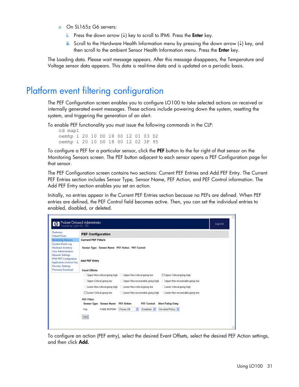 Platform event filtering configuration | HP ProLiant DL180 Server User Manual | Page 31 / 69