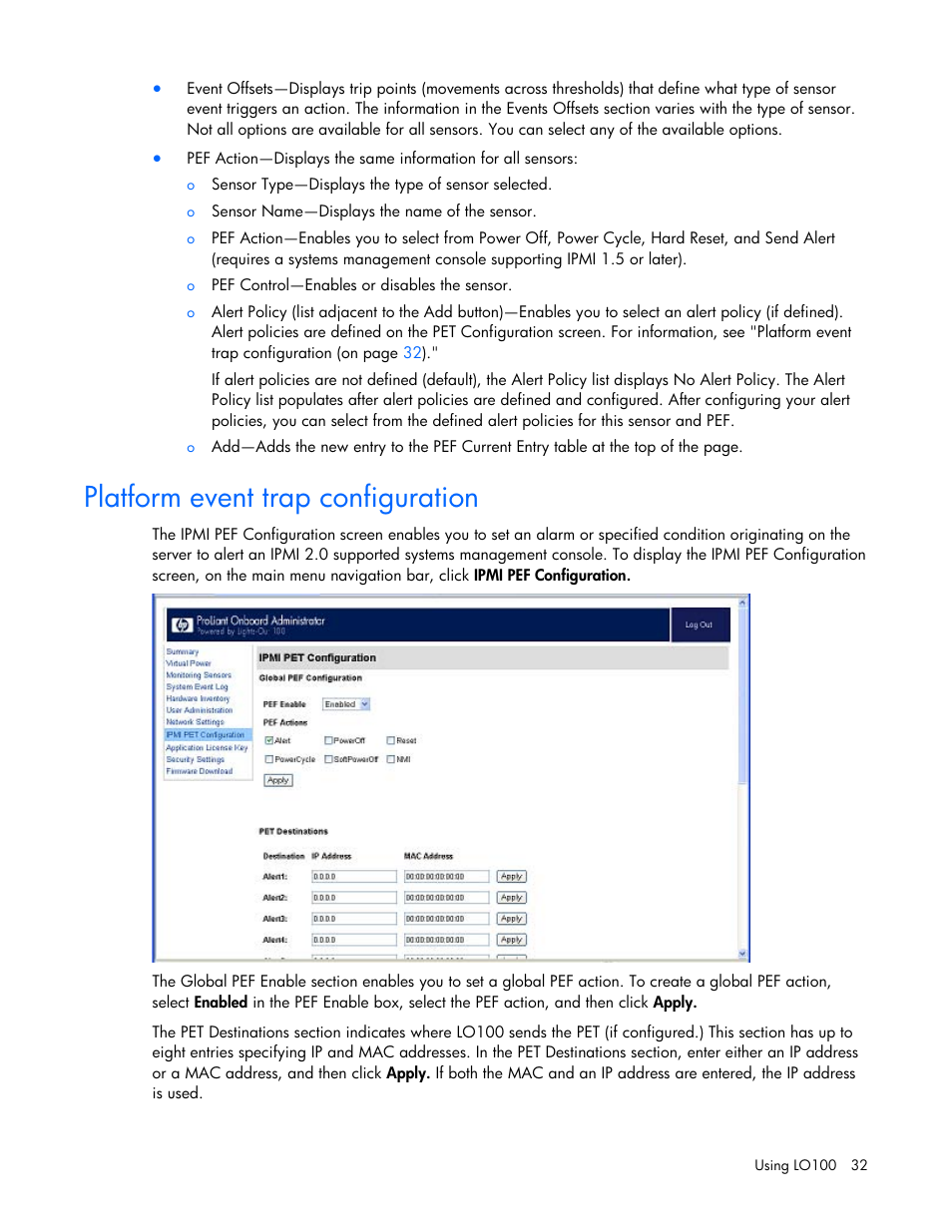 Platform event trap configuration | HP ProLiant DL180 Server User Manual | Page 32 / 69