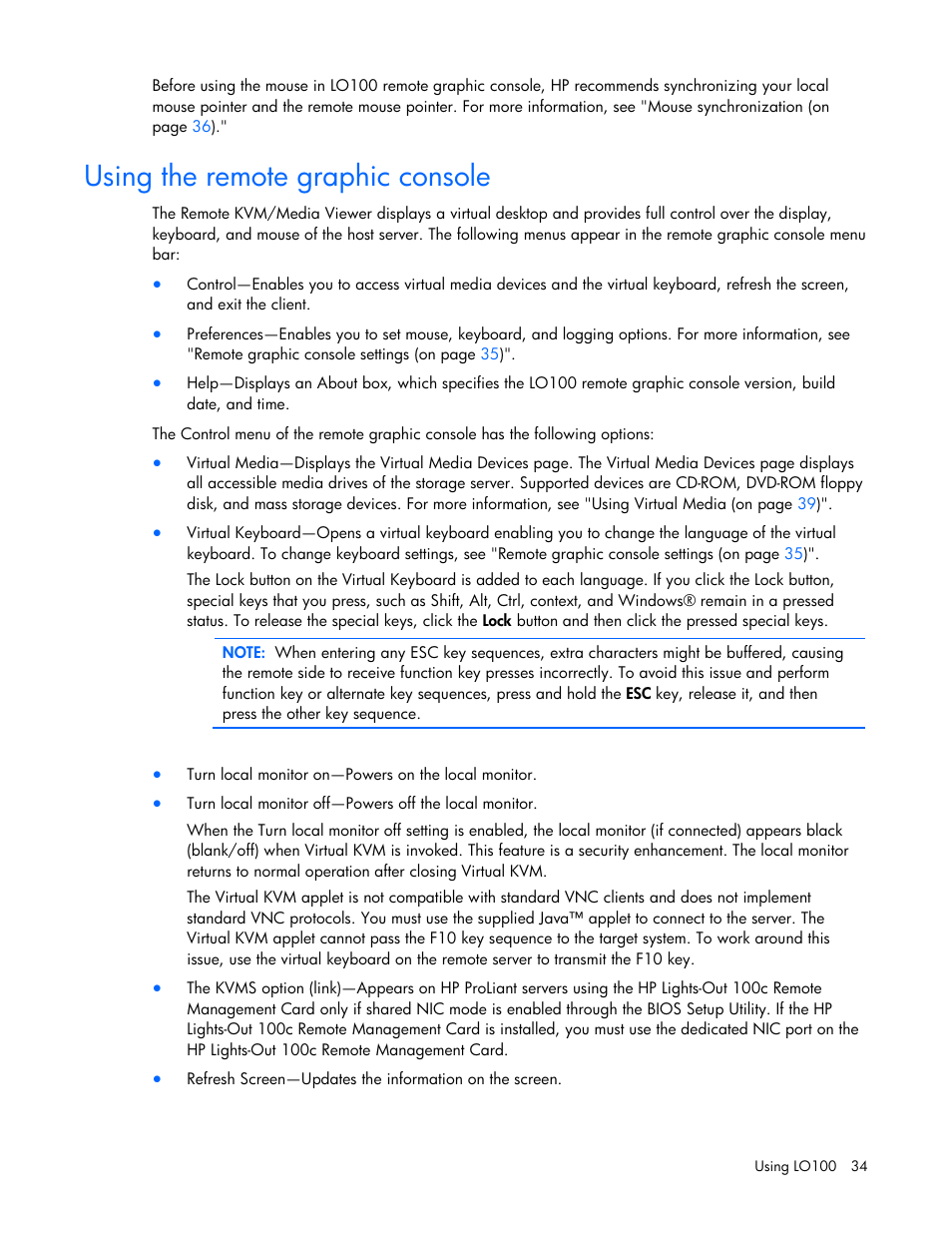 Using the remote graphic console | HP ProLiant DL180 Server User Manual | Page 34 / 69