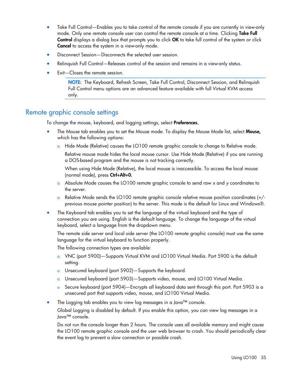 Remote graphic console settings | HP ProLiant DL180 Server User Manual | Page 35 / 69