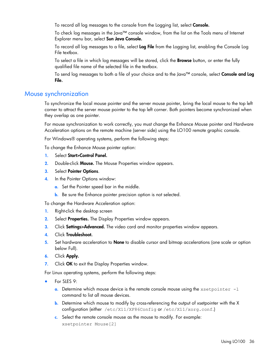 Mouse synchronization | HP ProLiant DL180 Server User Manual | Page 36 / 69