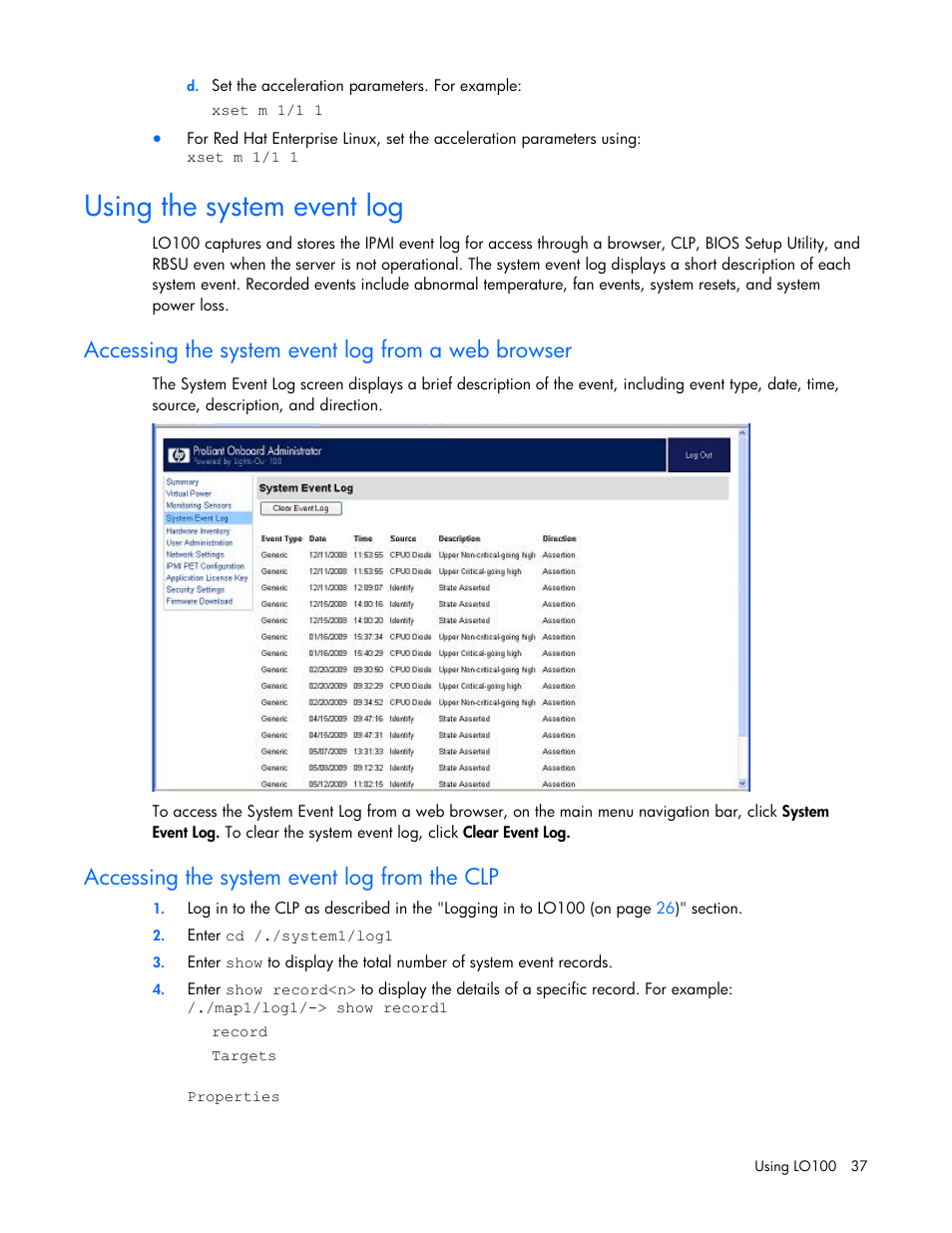 Using the system event log, Accessing the system event log from a web browser, Accessing the system event log from the clp | HP ProLiant DL180 Server User Manual | Page 37 / 69