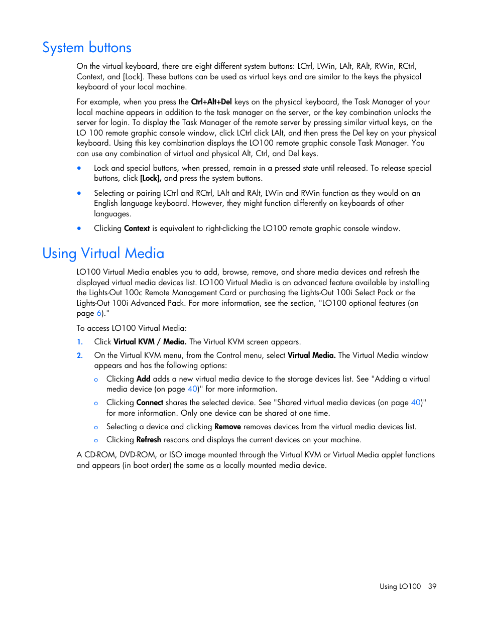 System buttons, Using virtual media, System buttons using virtual media | HP ProLiant DL180 Server User Manual | Page 39 / 69