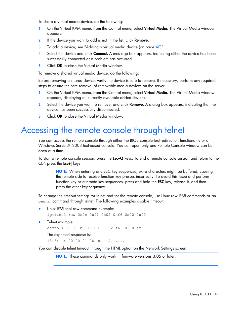 Accessing the remote console through telnet | HP ProLiant DL180 Server User Manual | Page 41 / 69