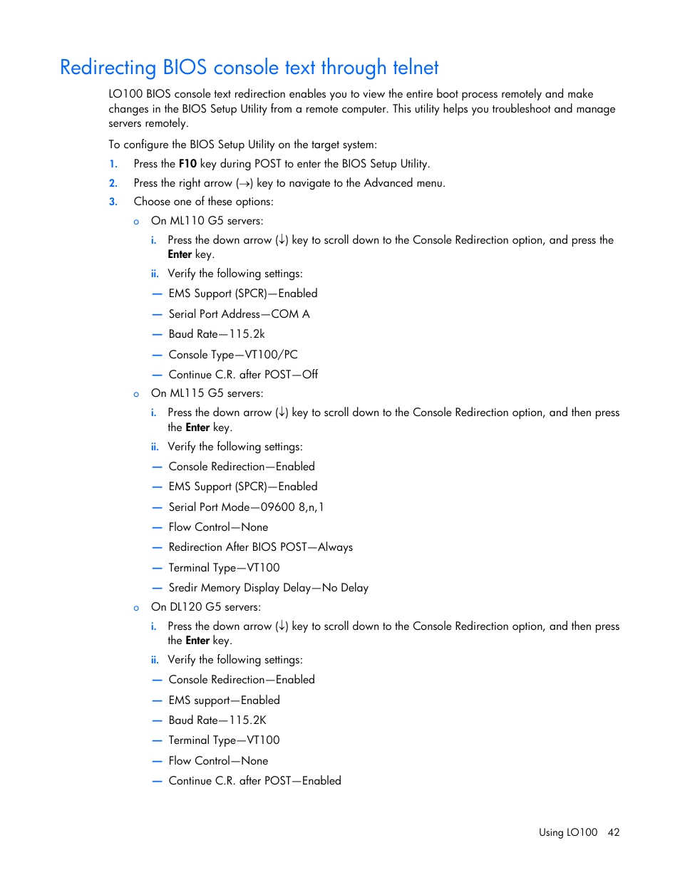 Redirecting bios console text through telnet | HP ProLiant DL180 Server User Manual | Page 42 / 69