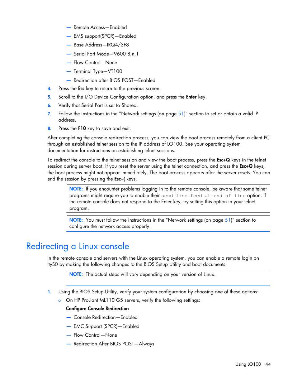 Redirecting a linux console | HP ProLiant DL180 Server User Manual | Page 44 / 69