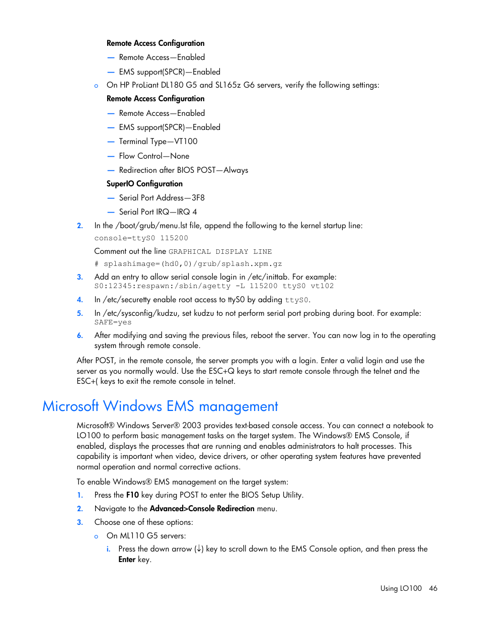 Microsoft windows ems management | HP ProLiant DL180 Server User Manual | Page 46 / 69