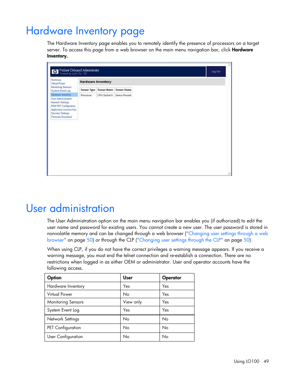 User administration, Hardware inventory page | HP ProLiant DL180 Server User Manual | Page 49 / 69