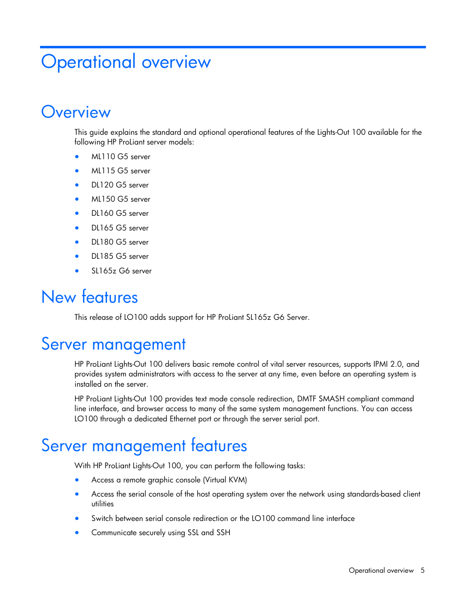 Operational overview, Overview, New features | Server management, Server management features | HP ProLiant DL180 Server User Manual | Page 5 / 69