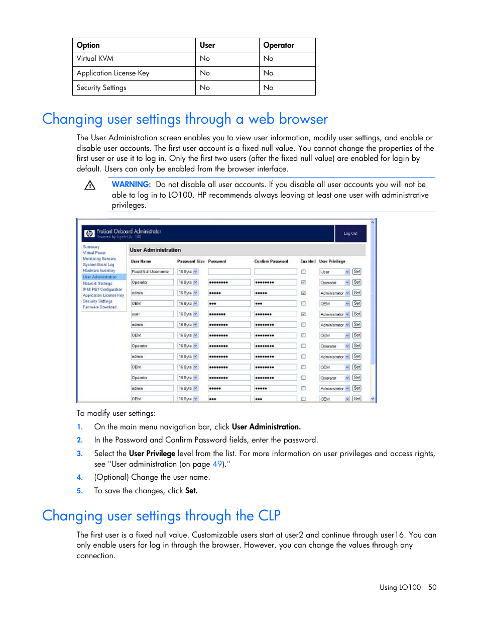 Changing user settings through a web browser, Changing user settings through the clp, Changing user settings through a web | Browser | HP ProLiant DL180 Server User Manual | Page 50 / 69