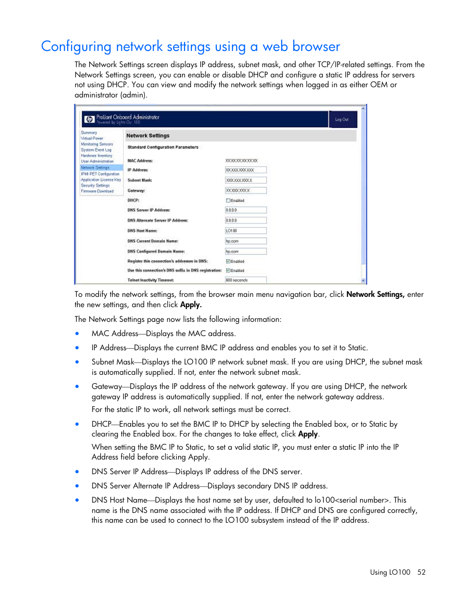 Configuring network settings using a web browser | HP ProLiant DL180 Server User Manual | Page 52 / 69