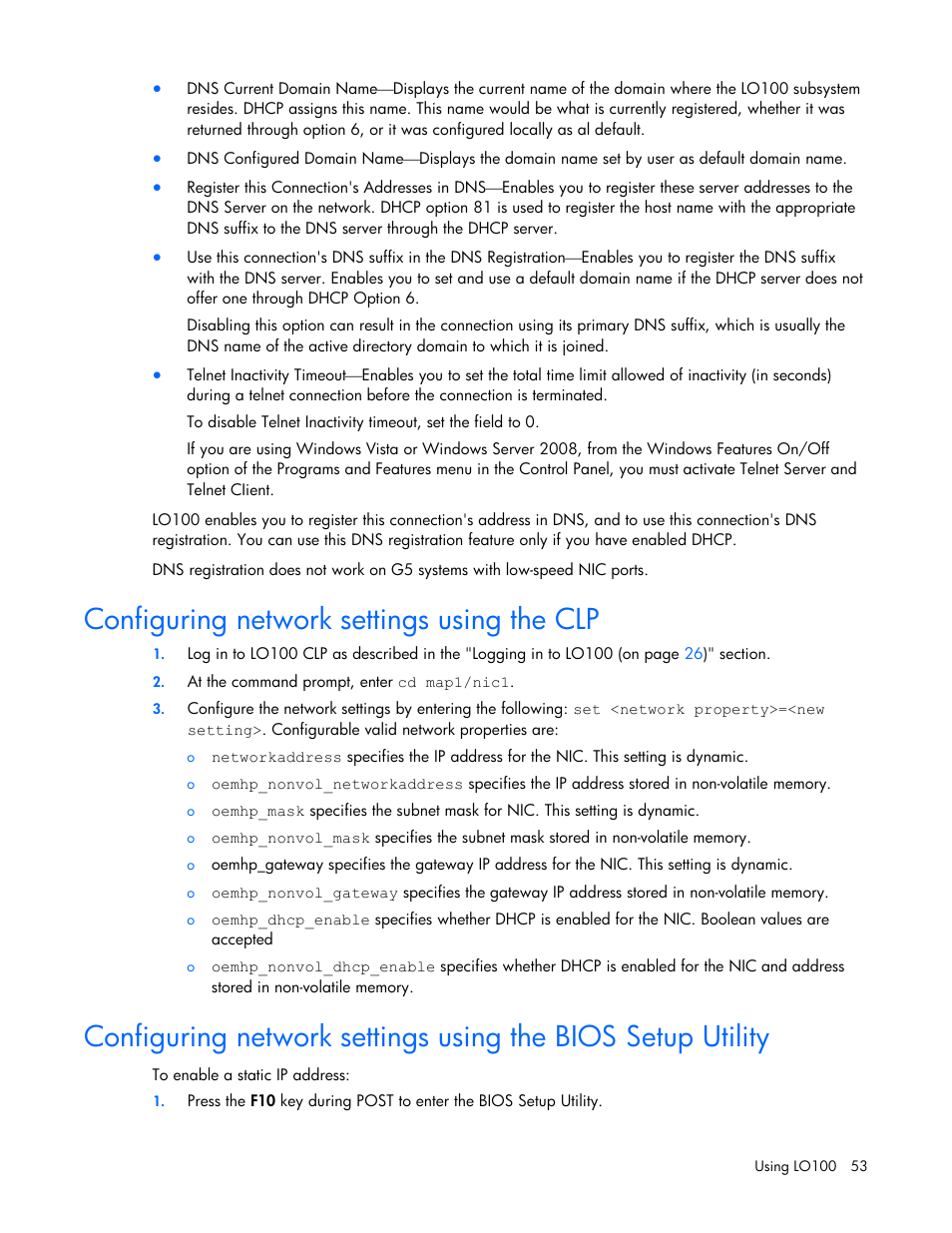 Configuring network settings using the clp | HP ProLiant DL180 Server User Manual | Page 53 / 69