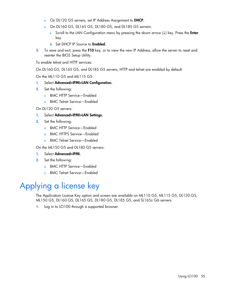 Applying a license key | HP ProLiant DL180 Server User Manual | Page 55 / 69