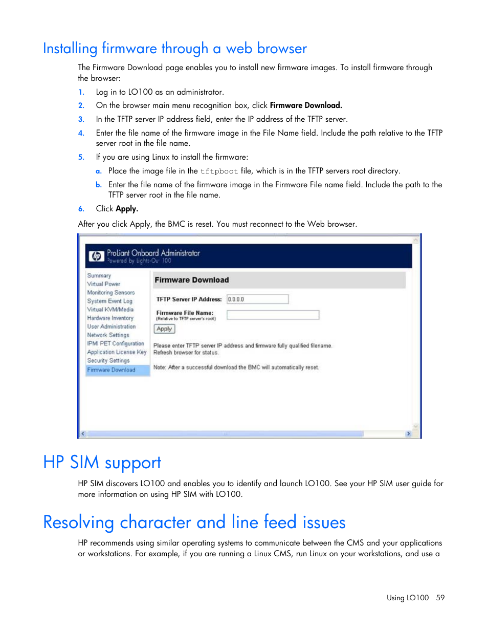 Installing firmware through a web browser, Hp sim support, Resolving character and line feed issues | HP ProLiant DL180 Server User Manual | Page 59 / 69