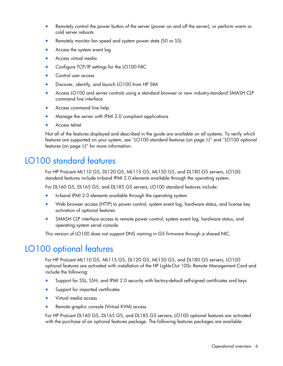 Lo100 standard features, Lo100 optional features, Lo100 standard features lo100 optional features | HP ProLiant DL180 Server User Manual | Page 6 / 69