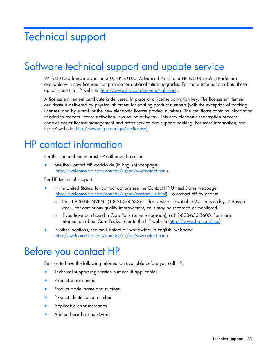 Technical support, Software technical support and update service, Hp contact information | Before you contact hp | HP ProLiant DL180 Server User Manual | Page 62 / 69