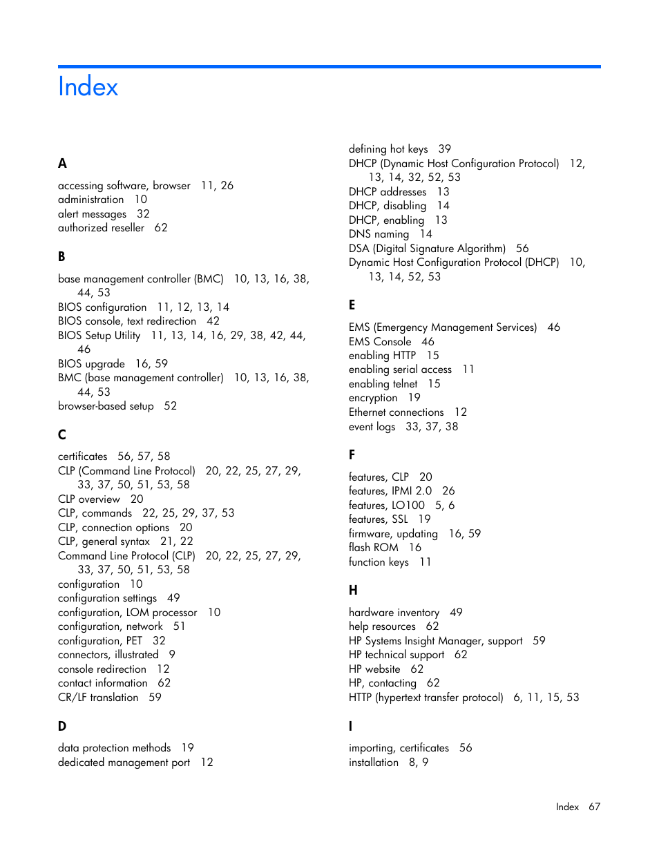 Index | HP ProLiant DL180 Server User Manual | Page 67 / 69