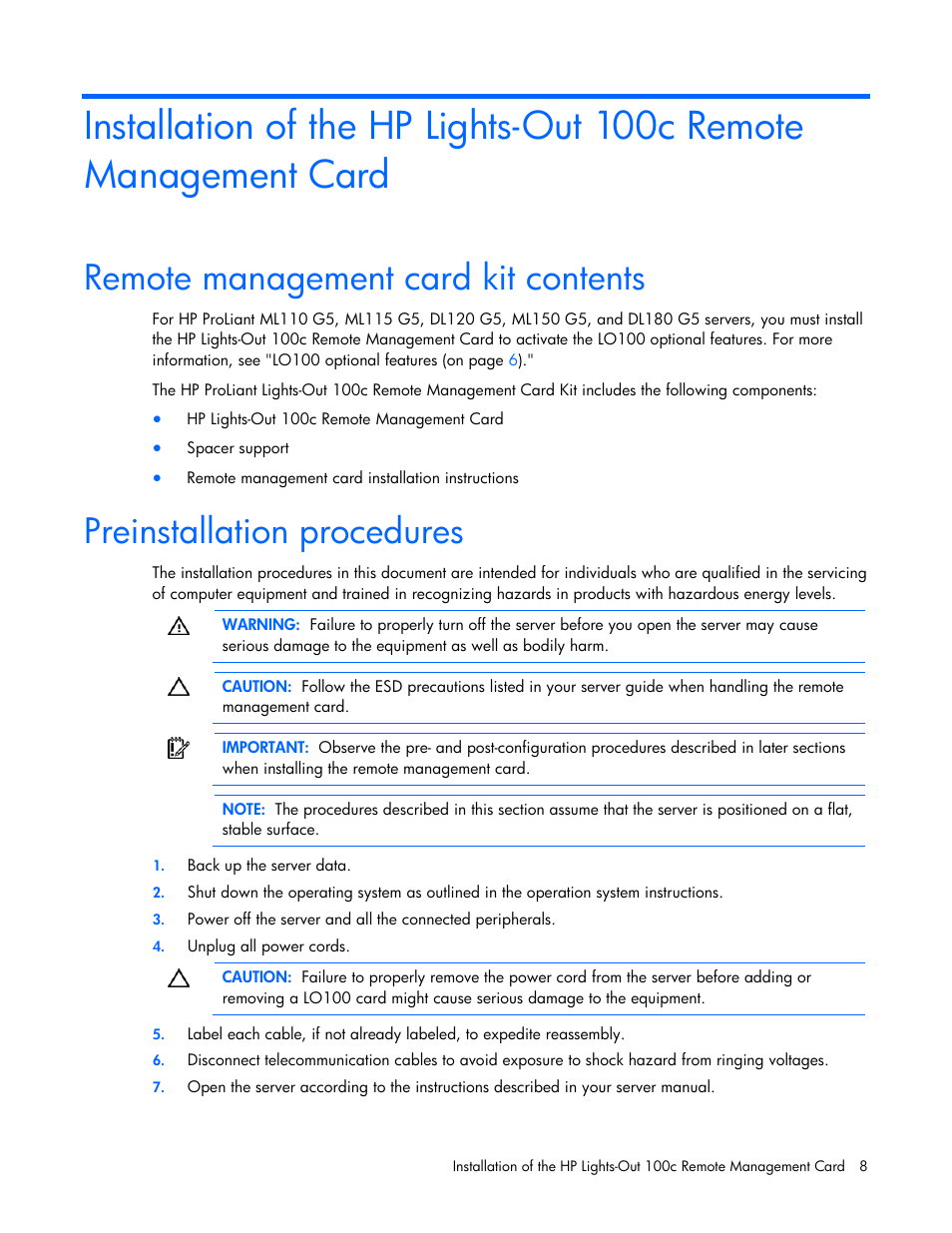 Remote management card kit contents, Preinstallation procedures | HP ProLiant DL180 Server User Manual | Page 8 / 69